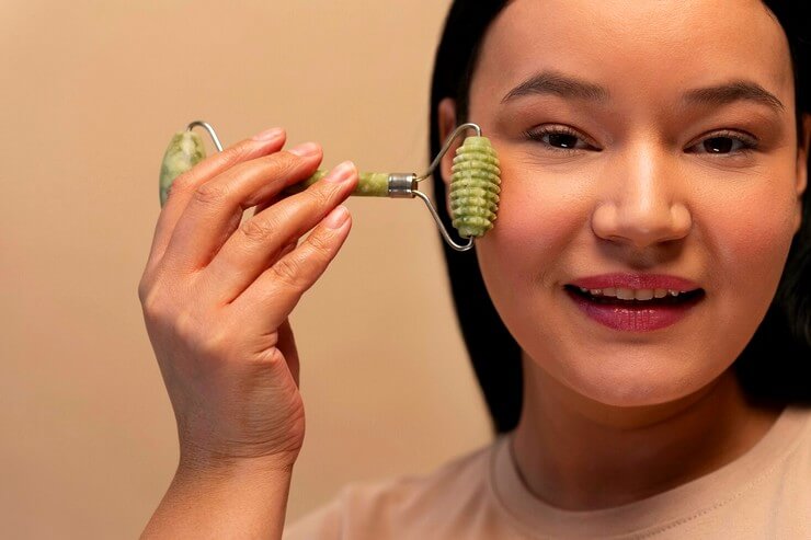 femme utilise le rouleau de massage de jade pour son visage